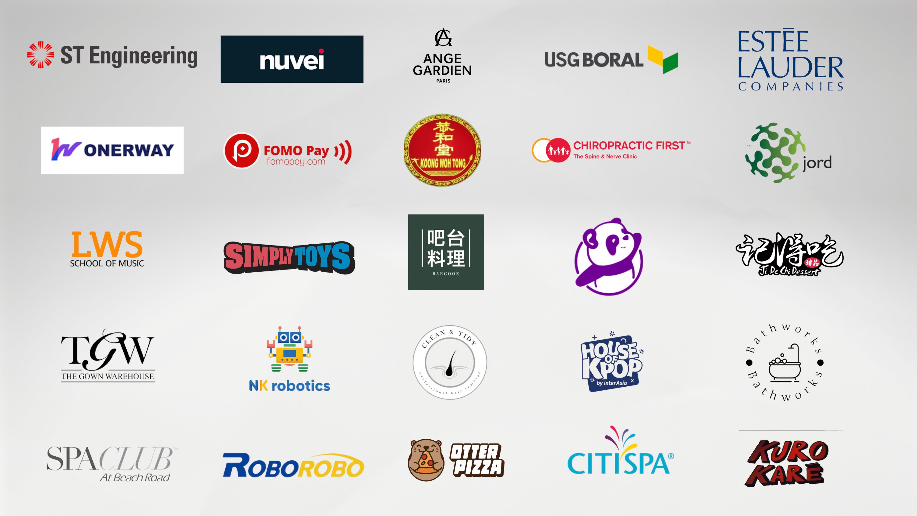 ID Work Studio clients including ST Engineering, Estée Lauder, Simply Toys, Koong Woh Tong, Chiropractic First, Otter Pizza and House of KPOP