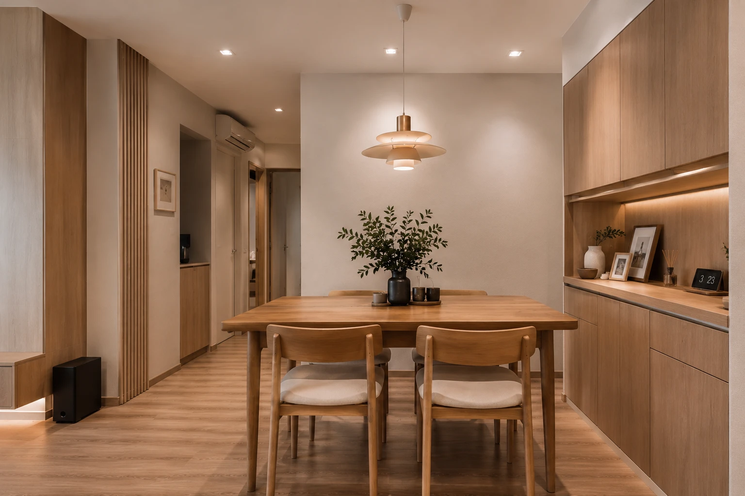 Warm Japandi dining space in Singapore HDB with ambient lighting and light oak finishes