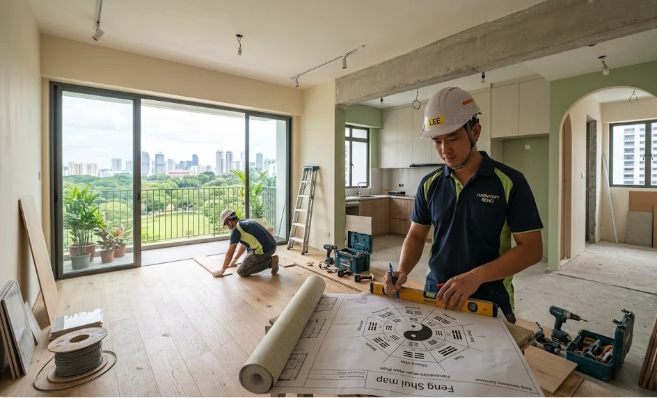 Singapore renovation team reviewing feng shui planning drawings inside a compact HDB interior with warm Japandi finishes