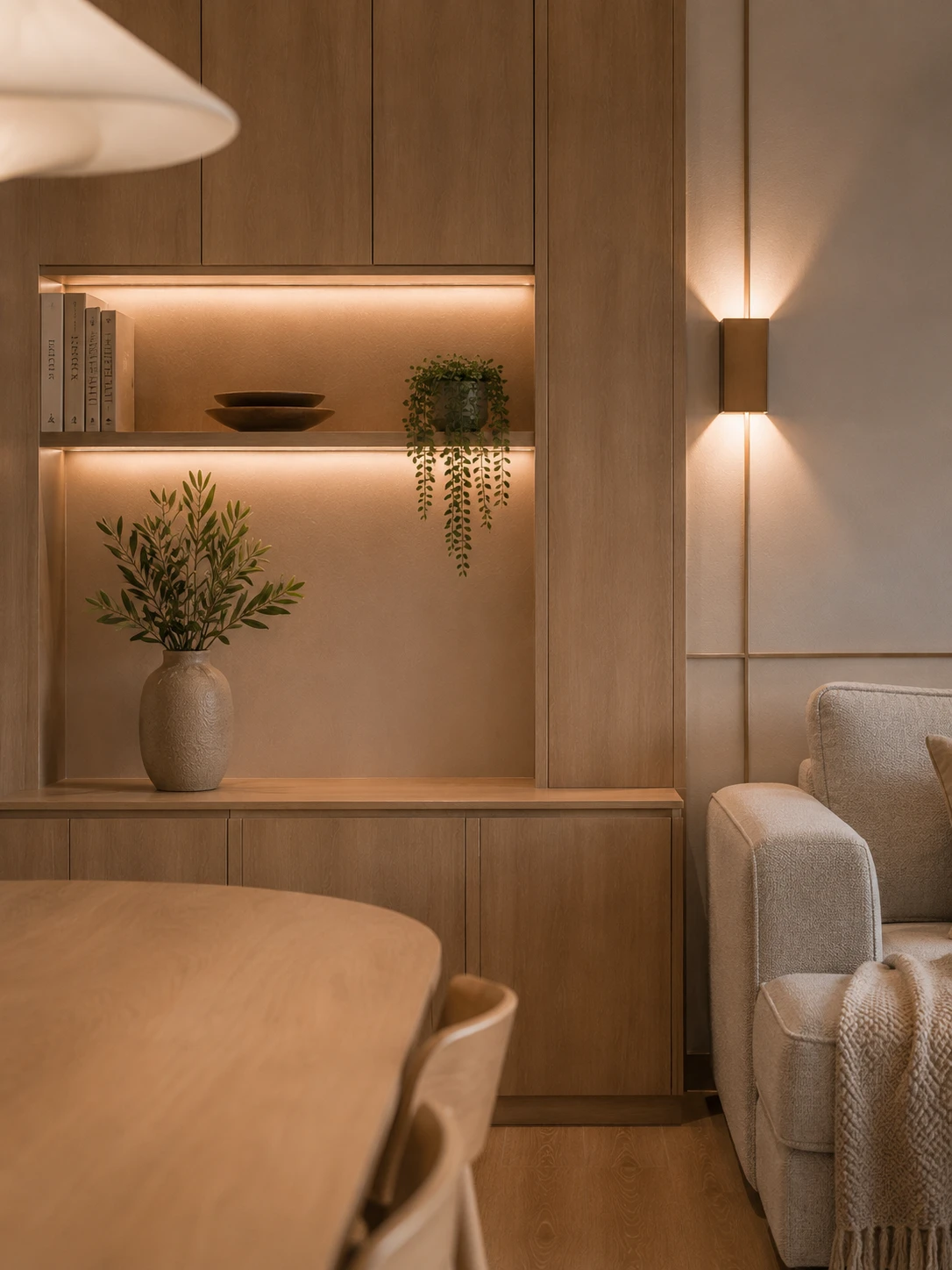 Close-up of warm recessed and indirect lighting detail in Japandi Singapore HDB interior