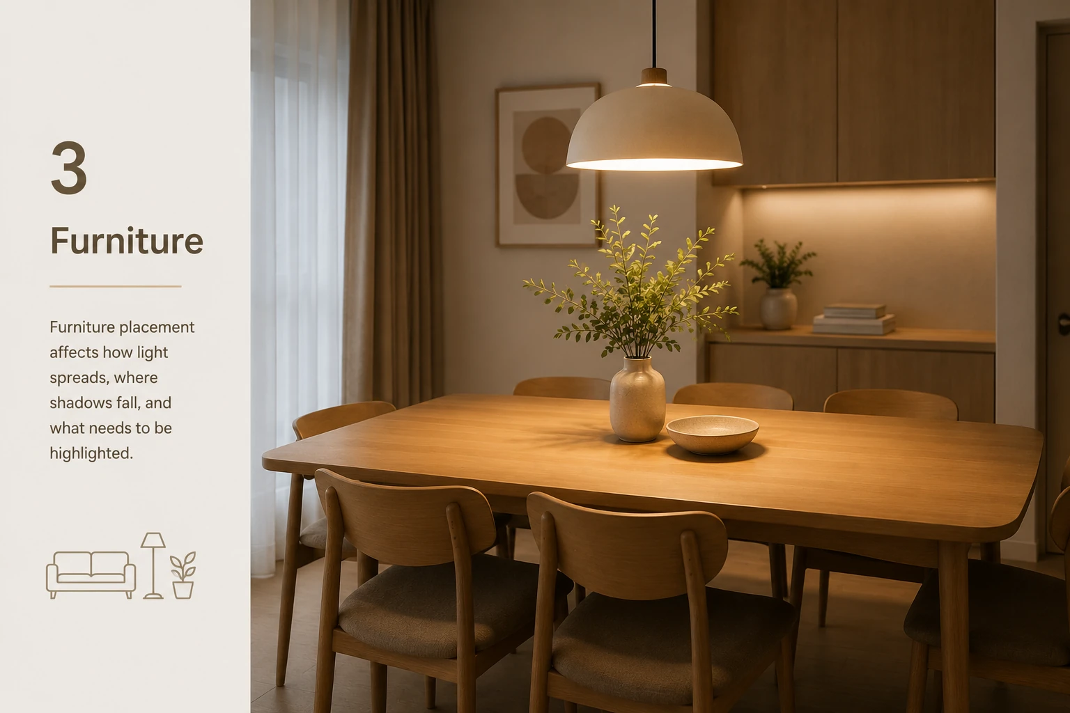 Japandi dining area showing pendant lighting coordinated with furniture placement