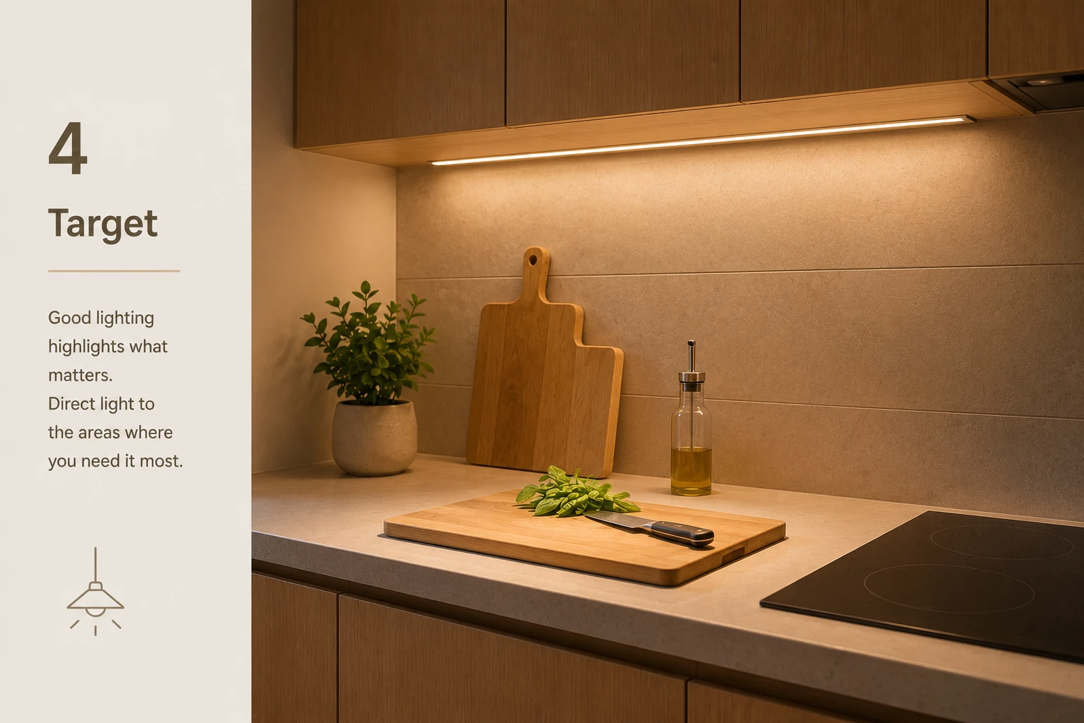 Kitchen worktop illuminated by focused under-cabinet task lighting