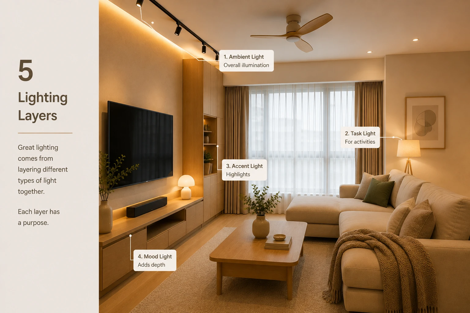 Warm Japandi living room demonstrating ambient, task and accent lighting layers