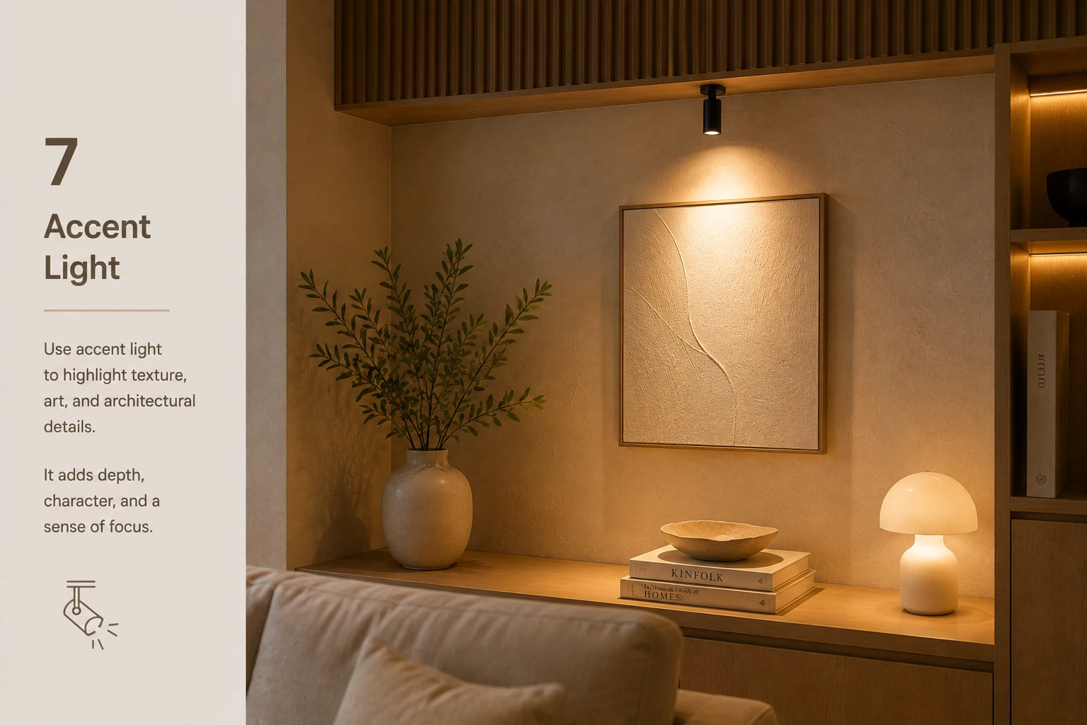 Japandi console and wall detail illuminated with selective accent lighting