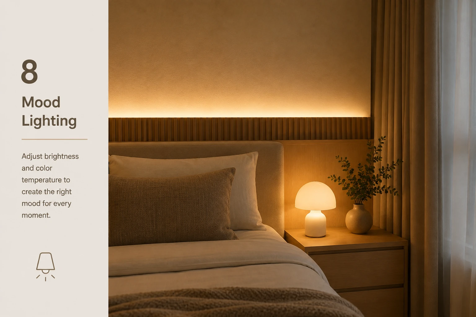 Warm Japandi bedroom using soft 3000K-style ambient mood lighting