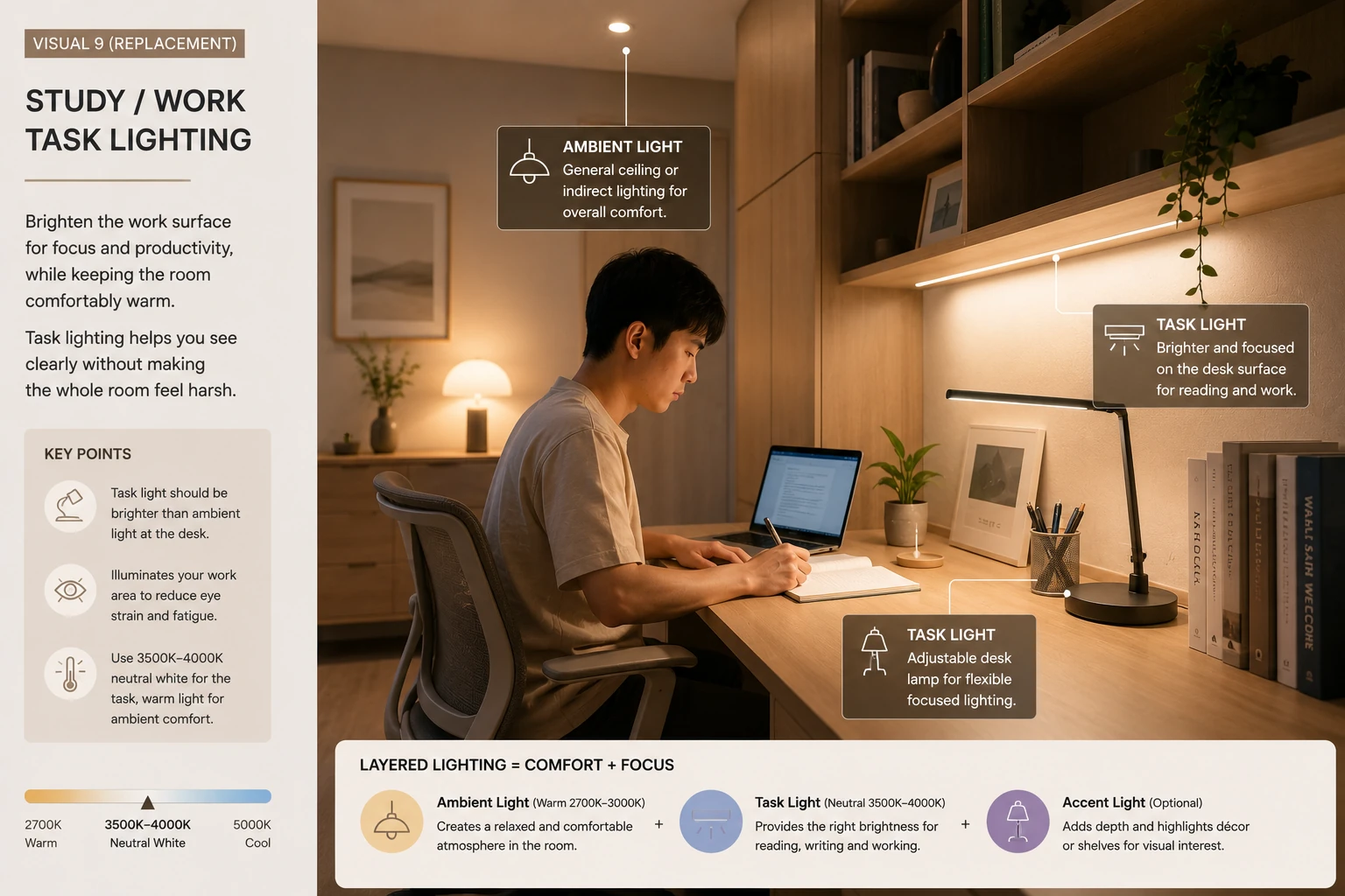 Home study with warm ambient lighting and brighter task light on the desk
