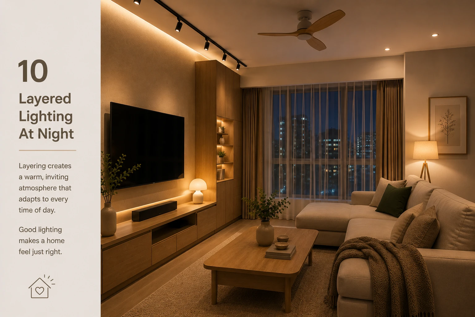 Japandi living room at night with layered ceiling, lamp, shelf and concealed lighting