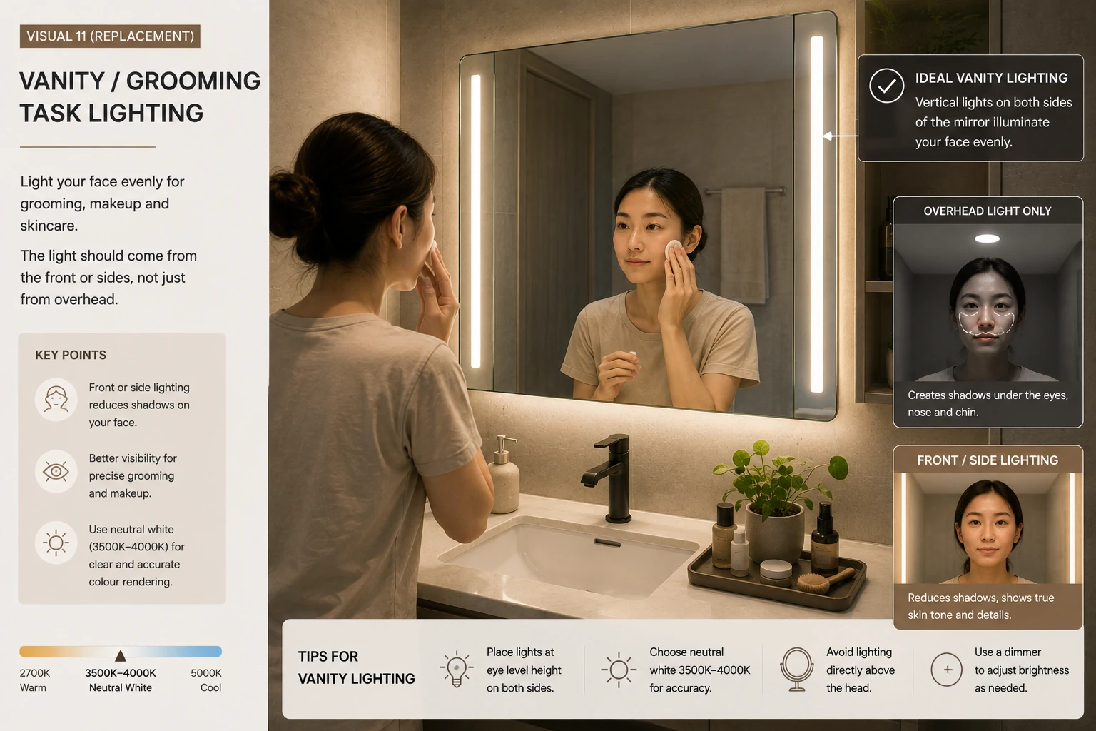 Bathroom vanity with balanced frontal and side lighting for grooming