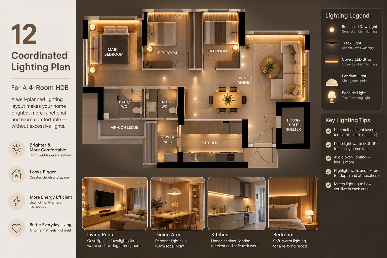 Simplified coordinated lighting plan for an anonymous 4-room HDB layout
