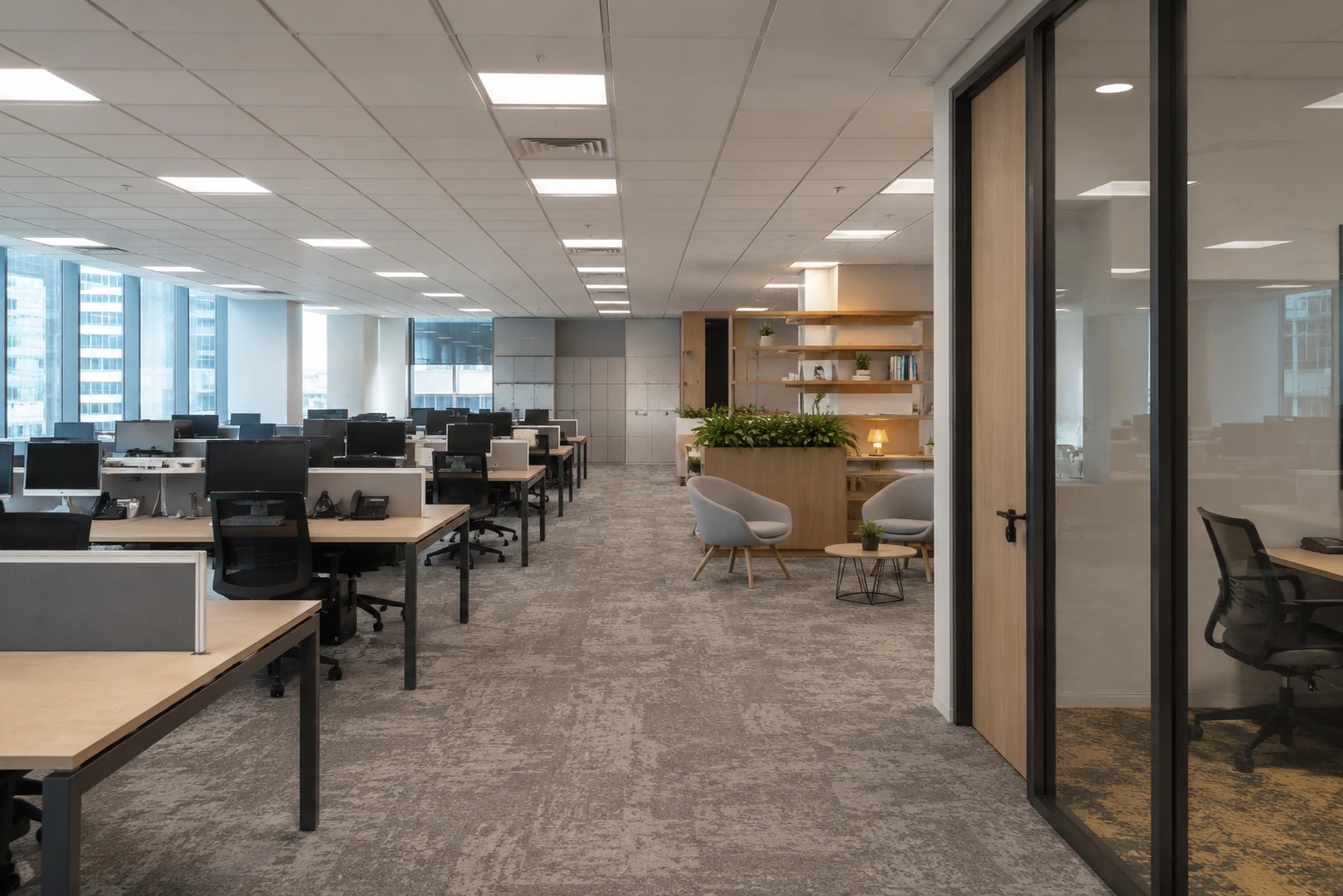 Modern Singapore office space planning with workstations, meeting rooms and private focus spaces