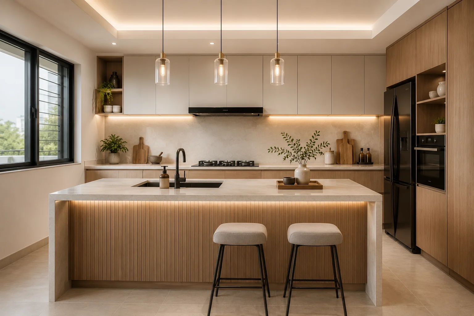 Premium warm neutral Singapore kitchen renovation with custom carpentry and stone worktop