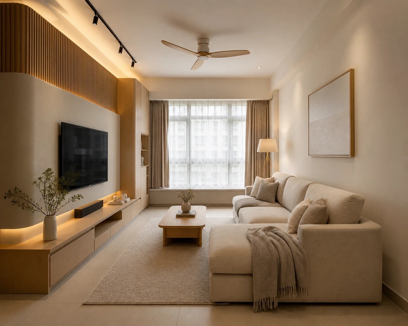 Warm Japandi living room illustrating people-first home lighting design for a Singapore renovation