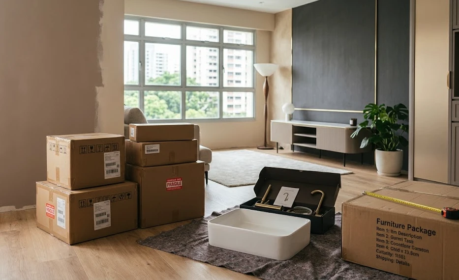 Singapore home renovation site with overseas furniture, tiles, sanitary fittings and appliances being checked before installation