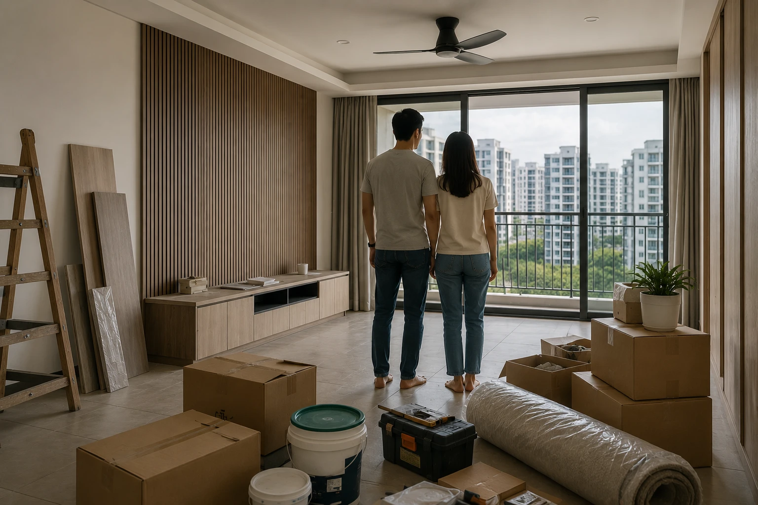 Premium warm neutral Singapore home interior showing living, dining and move-in ready renovation planning